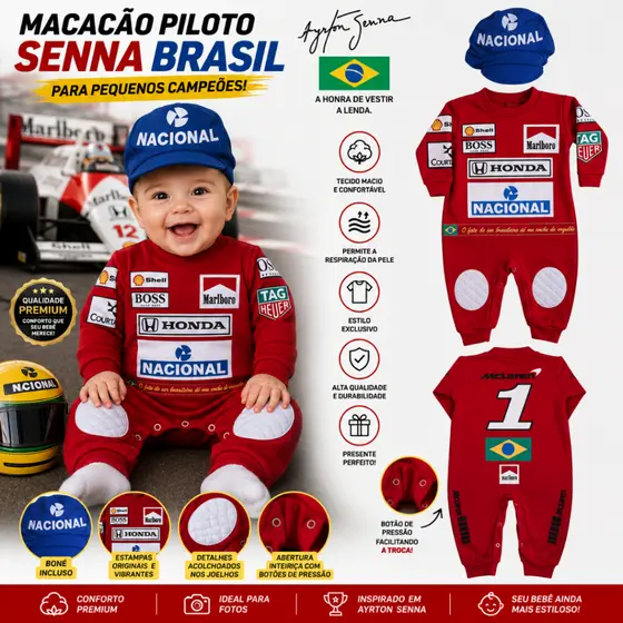 Macacão De Roupa de Bebê Fantasia Fórmula 1 Corrida Piloto + Boina