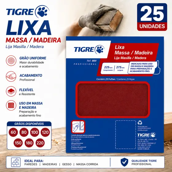 Lixa Para Massa e Madeira Tigre Kit 25 Folhas Grãos 60 80 100 120 150 180 220