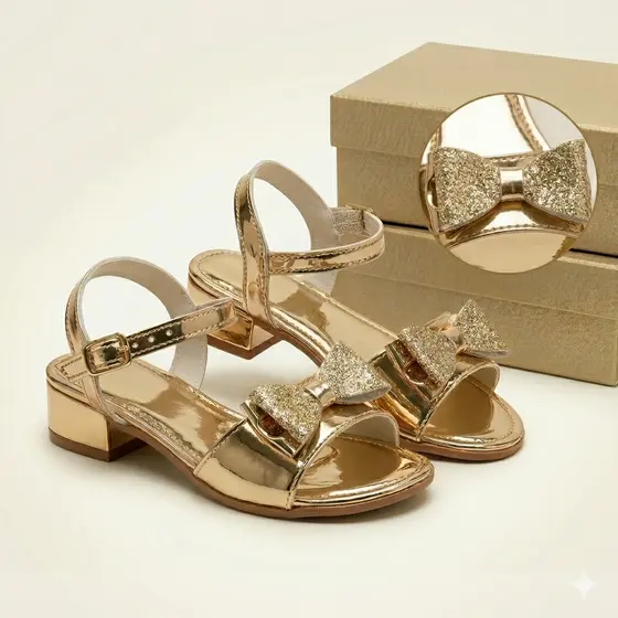 Sandália Infantil Juvenil Menina com Salto Bloco Baixo - Preto e Dourado Com Detalhe Laço Glitter.