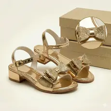 Sandália Infantil Juvenil Menina com Salto Bloco Baixo - Preto e Dourado Com Detalhe Laço Glitter.