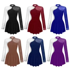 Aislor # S-XXL Vestido Feminino Brilhante De Strass Para Patinação Artística , Cor Contrastante , Malha Transparente , P