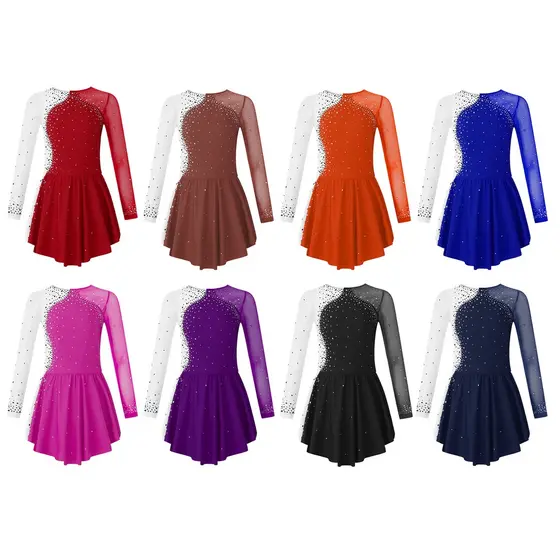 Elegantes Manga Longa Decote Redondo Brilhante Strass Decorado Retalhos Contraste Cor Patinação Vestido De Dança