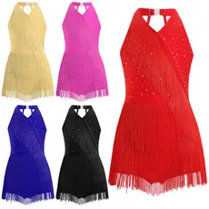 Aislor Crianças Meninas Traje De Dança Latina Brilhante Strass Franja Collant Halter Com Decote Em V Sem Mangas Tiras Vo