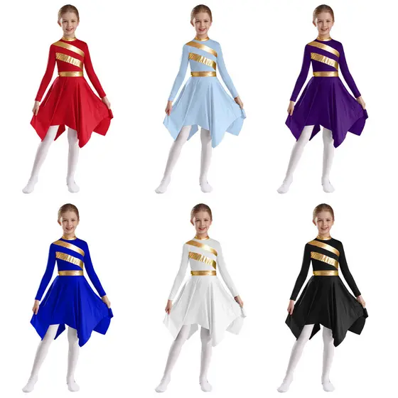 Aislor Crianças Meninas Louvor Adoração Vestidos De Dança Contraste Cor Metálica Patchwork Mock Neck Manga Longa Vestido