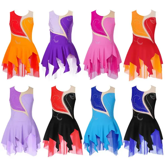 Aislor Crianças Meninas Roupas Elegantes Sem Mangas Decote Redondo Strass Decorado Estilo Retalhos Oco Volta Patinação V