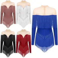 Aislor Feminino Borla Dança Latina Collant Palco Desempenho Traje Simulado Pescoço Manga Longa Pura Malha Retalhos Brilh