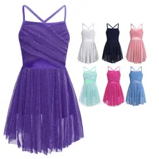 Aislor Kids Girls Glittery Mesh Spaghetti Shoulder Straps Ballet Latin Dance Gymnastics Leotard Dress