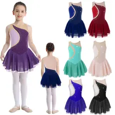 Wyl Crianças Meninas Vestido De Patinação Artística No Gelo Ballet Dança Ginástica Collant Strass Sem Mangas Malha Splic