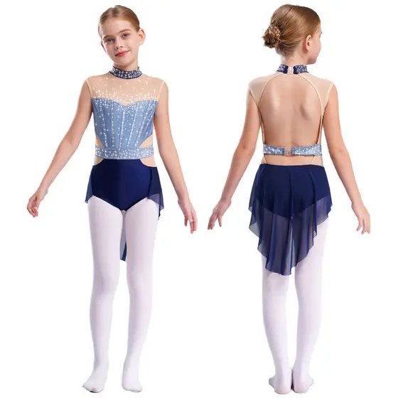 Aislor 6-16 Crianças Meninas Traje De Dança Lírica Sem Mangas Strass Brilhantes Malha Retalhos Contornado Collant Para D