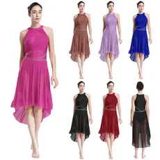 Aislor Womens Lyrical Dance Dresses Sleeveless Asymmetrical Hem Sparkly Rhinestones Ruched Dress