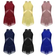 Aislor Crianças Meninas Strass Brilhantes Franjas Collant Pura Malha Retalhos Buraco De Fechadura Volta Borla Bodysuit P