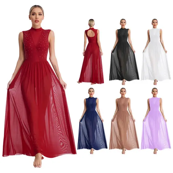 Aislor Vestido Feminino De Dança Lírica Com Strass Brilhante , Fantasia De Performance De Palco , Gola Simulada , Sem Ma