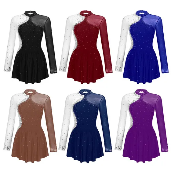 Aislor Vestido Feminino Brilhante De Strass Para Patinação Artística , Cor Contrastante , Malha Transparente , Patchwork