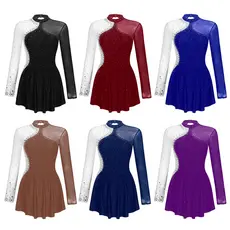 Aislor Vestido Feminino Brilhante De Strass Para Patinação Artística , Cor Contrastante , Malha Transparente , Patchwork