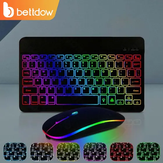 BETTDOW teclado sem fio com retroiluminação RGB arco-íris e mouse sensível ao toque adequado para iPad iOS Android Win