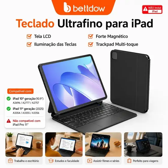 Bettdow Teclado Mágico para ipad A16 2025 Pro 11 Air 4 5 6 10th Gen  Caso Teclado Bluetooth Sem Fio iPad não incluíd