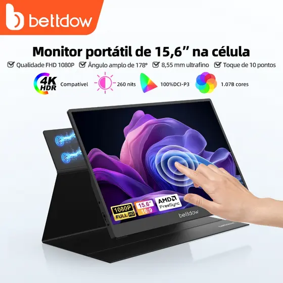 BETTDOW Monitor portátil Touchable 15.6'' 1920*1080P 4K com tela IPS Full HD Alto-falantes estéreo duplos