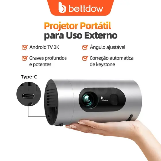 Projetor BETTDOW GTV FUll 2K 60Hz, compatível com 4K, bateria integrada, foco automático, adequado para uso externo.