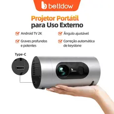Projetor BETTDOW GTV FUll 2K 60Hz, compatível com 4K, bateria integrada, foco automático, adequado para uso externo.