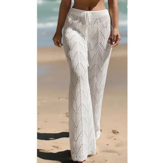 Calça Saída de Praia Feminina Tricot Têndencia Verão Pantalona Rendada Crochê Moda