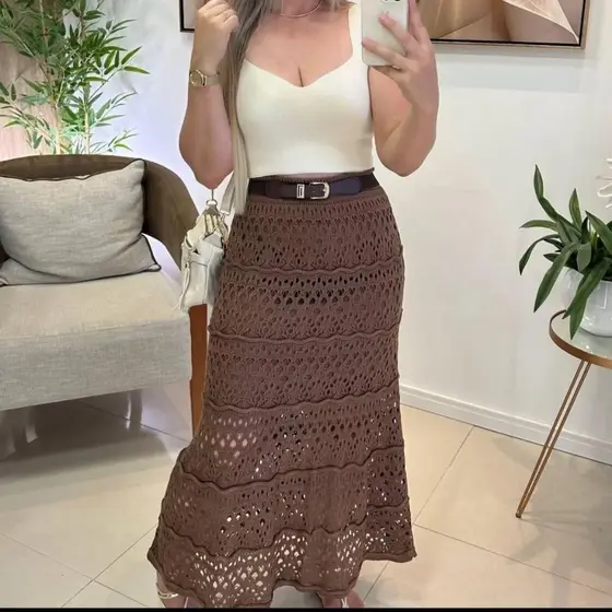 Saia Longa Tricot Forrada Ponto Crochê Moda Verão Rendada Tendência Midi Praia Piscina Plus Size