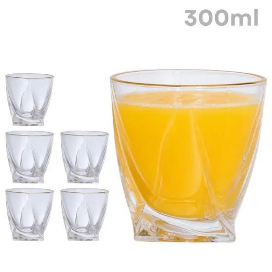 Kit 6 Copos De Vidro Premium 300ml Com Borda Dourada Elegante Para Mesa Posta E Drinks