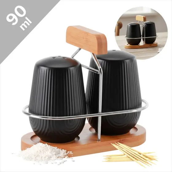 Conjunto Mesa Saleiro E Paliteiro Cerâmica Preta Suporte Bambu Oásis Porta Temperos Condimentos