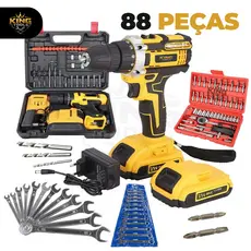 Kit Jogo Ferramentas 88 Peças Parafusadeira/Furadeira/Martelete 21V 2 Baterias + Jogo de Soquetes + Chave combinada