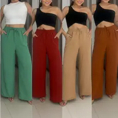 Calça Pantalona feminina Com Bolso cintura alta com elastico Tecido Duna folgadinha