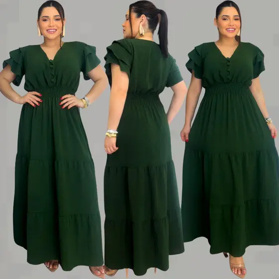 Vestido Longo Plus Size Feminino Acinturado Com Bojo e Babado Tecido Duna Pipoca Romântico e Leve