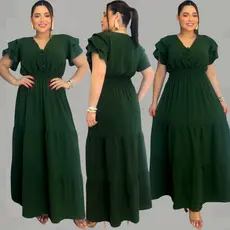 Vestido Longo Plus Size Feminino Acinturado Com Bojo e Babado Tecido Duna Pipoca Romântico e Leve