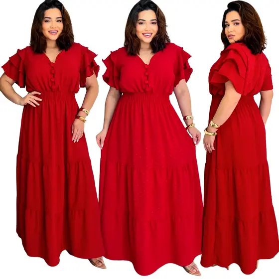 Vestido Longo Plus size Tecido Duna Três Marias Com Manga Fresquinho Levinho Babado Soltinho