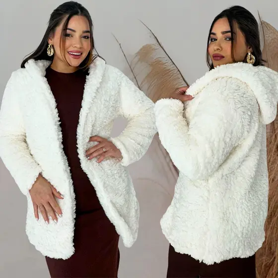 Casaco Teddy Feminino Dupla Face com Capuz Inverno Elegante e Quentinho Moda Casual