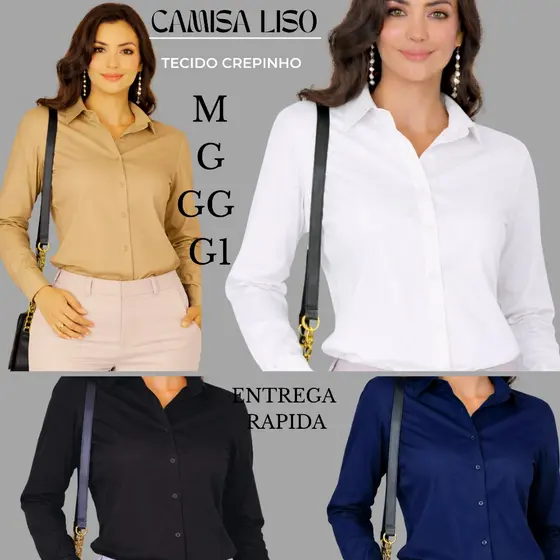 Camisa Lisa Feminina Tecido Crepinho Social Manga Longa M G GG G1 Blusa Elegante Trabalho