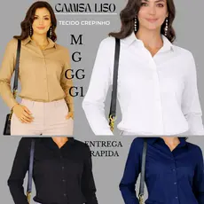 Camisa Lisa Feminina Tecido Crepinho Social Manga Longa M G GG G1 Blusa Elegante Trabalho