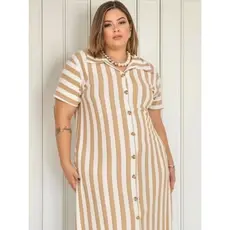 Vestido Chemise Listrado Feminino Plus Size G1 Malha Viscolycra Confortável – Veste do 46 ao 52