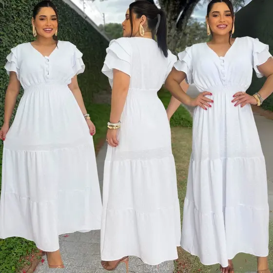 Vestido Longo Elegante Plus Size com Bojo, Manga Curta Babado e Lastex na Cintura