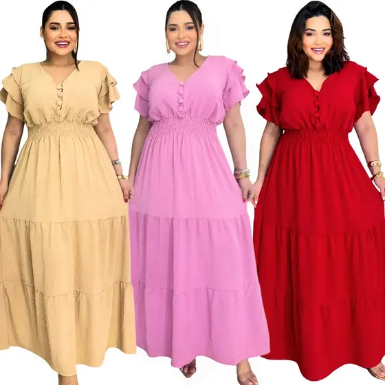 Vestido Feminino Longo Plus Size Bojo + Lastex – Casual e Estiloso com Manga Babado