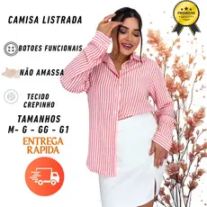 Camisa Listrada Feminina Manga Longa Crepinho para Trabalho M G GG G1