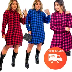 Vestido Chemise Feminina Xadrez Manga Longa Botões Frontais Vestido Casual | M G GG G1