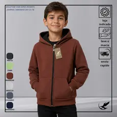 Moletom Infantil Flanelado Com Zíper e Capuz Forrado e Bolsos Unissex