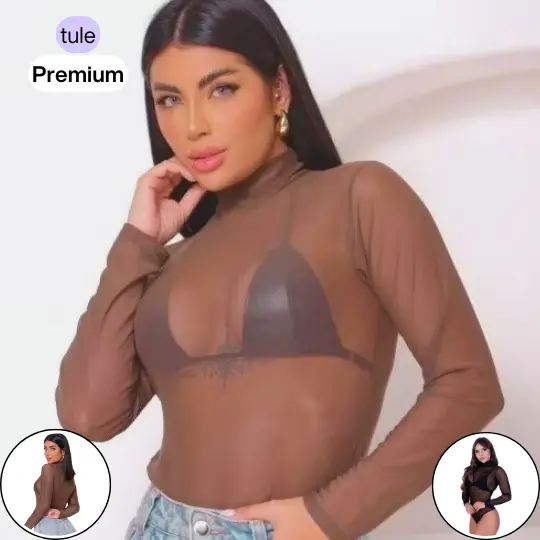 Body Tule Feminino Manga Longa Gola Alta Renda Blogueiras Diversas Cores Preto Marrom Branco