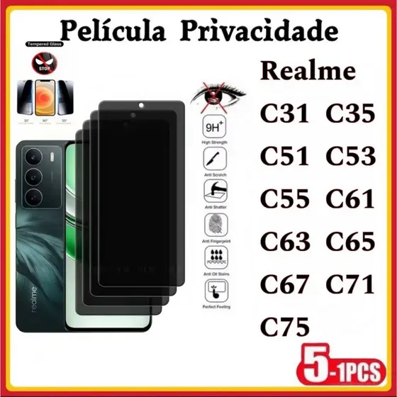 Película Privacidade 3D Vidro Temperado Anti Spy Realme C85 C75 C71 C67 C65 C63 C61 C55 C53 C51 C35 C31