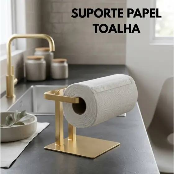 Suporte Papel Toalha Mesa Bancada Aço Premium Design Moderno Luxo Atual Pratico Preto Dourado Prata