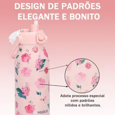 MODUS Garrafa Térmica  1700ML Aço Inoxidável 304 Estampa Floral Rosa com Bico Canudo Tampa Flip Prova de Vazamento