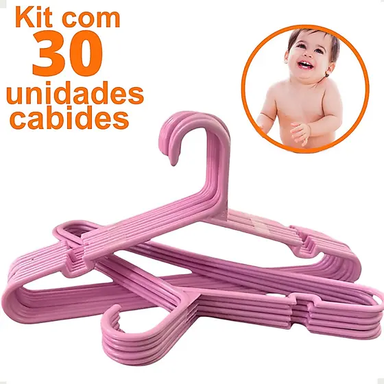 Kit 30 Cabide Infantil Cor Rosa Reforçado para Guarda Roupa de Criança e Bebê