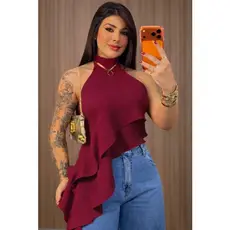 Blusinha Gola Alta Assimetrica Babado Faixa Caimento Elegante