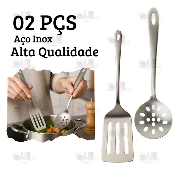 Kit Utensílios de Cozinha 2 Peças 100% Inox Linha COMUM Escumadeira Espátula Vazada
