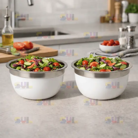 Kit 2 Bowl Inox Tigela BASE BRANCA PREMIUM 750ml Profissional Fundo Grosso Bacia Saladeira Moderna