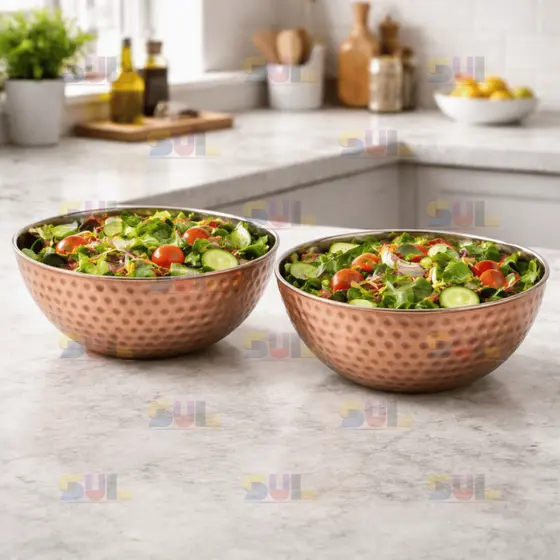 Kit 2 Saladeira Bowl Tigela Inox Martelada Rose Gold 840ML Salada Legumes Sobremesa Cozinha Moderna